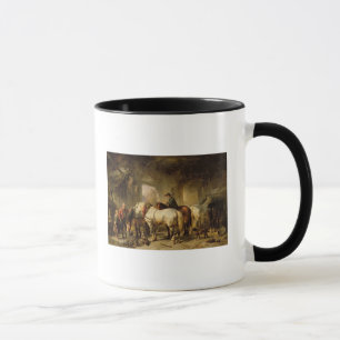 Taza Caballos que alimentan en el establo