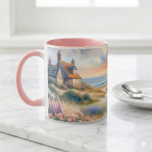 Taza Cabaña Costera Atardecer Dunas Acuarela