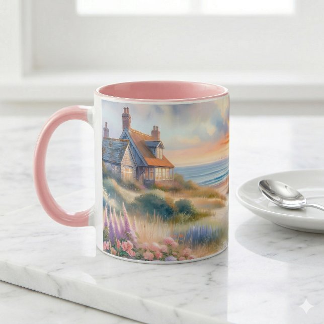 Taza Cabaña Costera Atardecer Dunas Acuarela (Coastal Cottage Sunset Dunes Watercolor Mug)