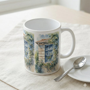 Taza Cabaña de Piedra con Ventana Azul y Enredaderas