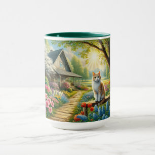 Taza Cabaña de primavera/jardín y gato