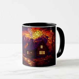 Taza Cabaña en arte de vidrio emplomado de bosque otoña