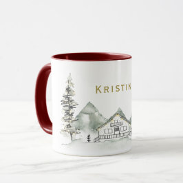 Taza Cabina de vacaciones y árbol de pino con nombre
