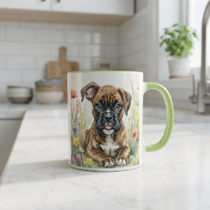 Taza Cachorro Boxer con Flores de Acuarela
