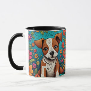 Taza Cachorro con flores de arte folclórico caprichosas