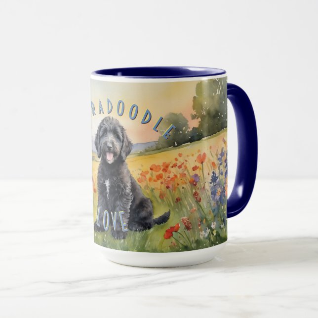 Taza Cachorro de Labradoodle Negro, amanecer de Persona (Anverso derecho)