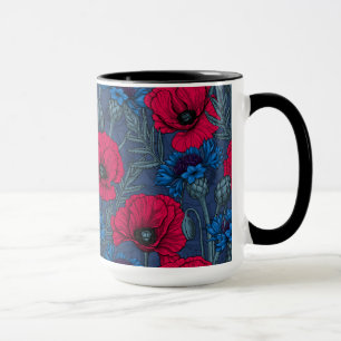 Taza Cachorros rojos y flores azules en azul