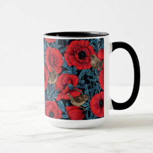 Taza Cachorros rojos y venas, hojas azules en negro