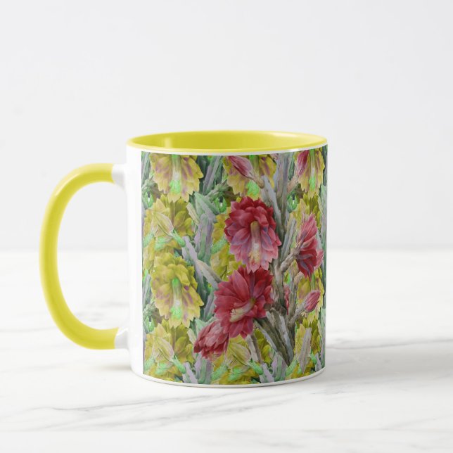 TAZA CACTO DE FLORES, FLORES AMARILLOS ROJOS DE FLORES  (Izquierda)