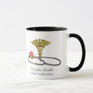 Taza Caduceo Médico de Oro & Estetoscopio con Corazón