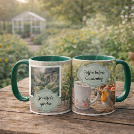 Taza Café antes de la foto de jardín de robin de la mañ