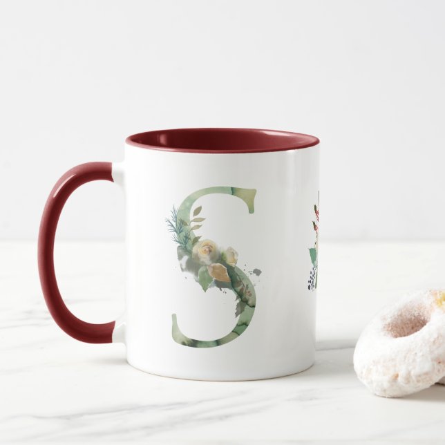 Taza Café Boho Floral Monograma S (Con donut)