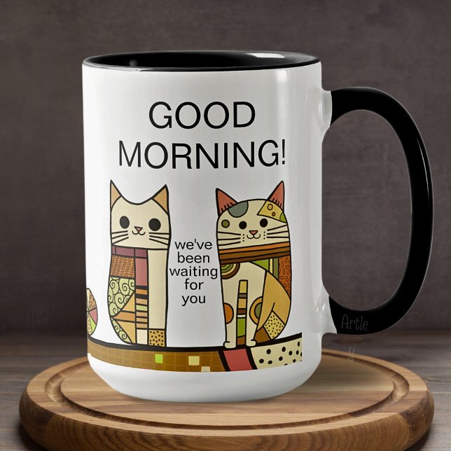 Taza Café Buenos días, lindo gato de patchwork (Subido por el creador)