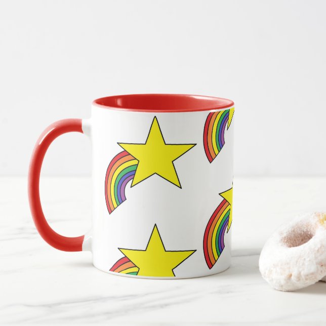 Taza Café con arcos de lluvia y estrellas amarillas  (Con donut)