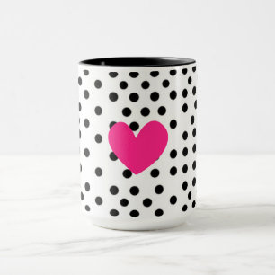 Taza Café con Corazón Rosa Caliente y Lunares en Blanco