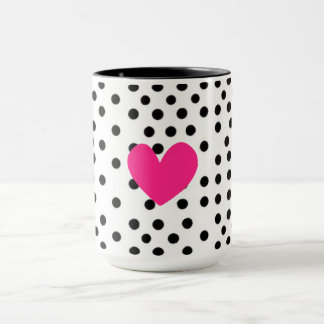 Taza Café con Corazón Rosa Caliente y Lunares en Blanco