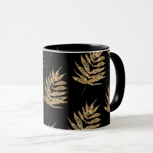 Taza Café con patrón de hoja de helecho negro y dorado