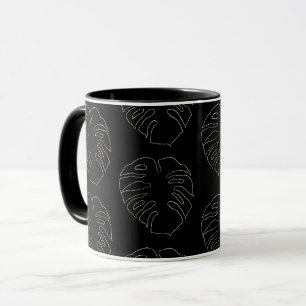 Taza Café con patrón de hoja de Monstera negro y dorado