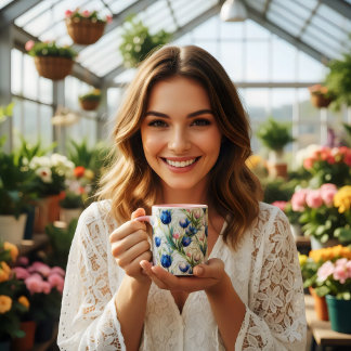 Taza café floral de rosas azules estilo vidrio emplomad
