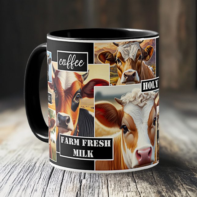 Taza Café Leche Fresco De La Granja De Vaca Sagrada (Mug featuring images of different cows - great for coffee with milk or a gift for a farmer)