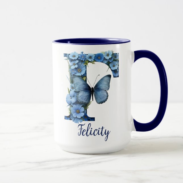 Taza Café Monogramado Floral Blue de 15 oz Mug (Derecha)