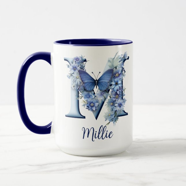 Taza Café Monogramado Floral Blue de 15 oz Mug (Izquierda)