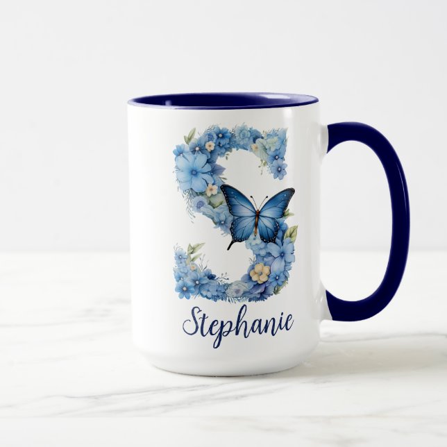 Taza Café Monogramado Floral Blue de 15 oz Mug (Derecha)