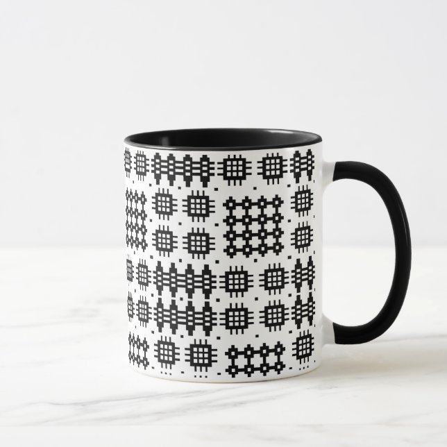 Taza Café Mug: Patrón de tapiz galés, negro sobre blanc (Derecha)