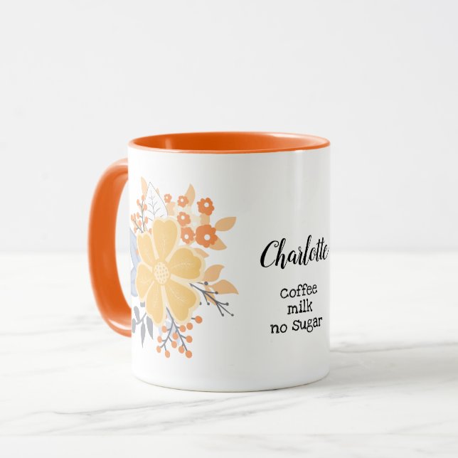 Taza Café o té mi manera Naranja Flores grises Mug (Anverso izquierdo)