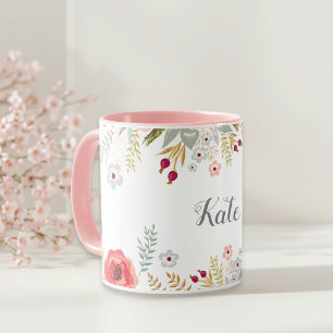 Taza Café Personalizado de Nombre Floral Lujoso de Dos 