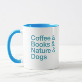 Taza Café y libros, naturaleza y perros (azul)