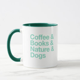 Taza Café y libros, naturaleza y perros (Verde azulado)