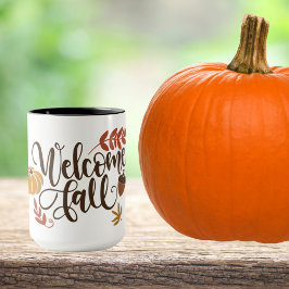 Taza Caída de bienvenida con calabaza, hojas y maíz