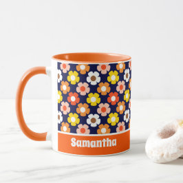 Taza Caída Retro Flores de Otoño Patrón Azul