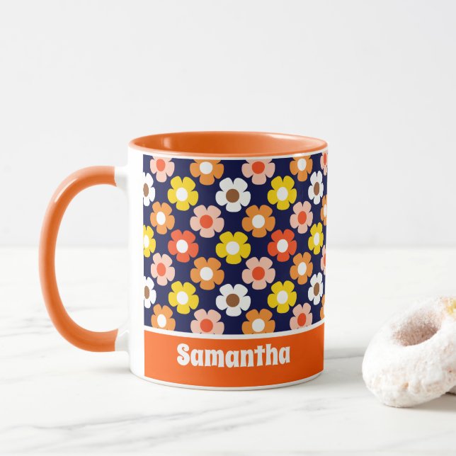 Taza Caída Retro Flores de Otoño Patrón Azul (Con donut)