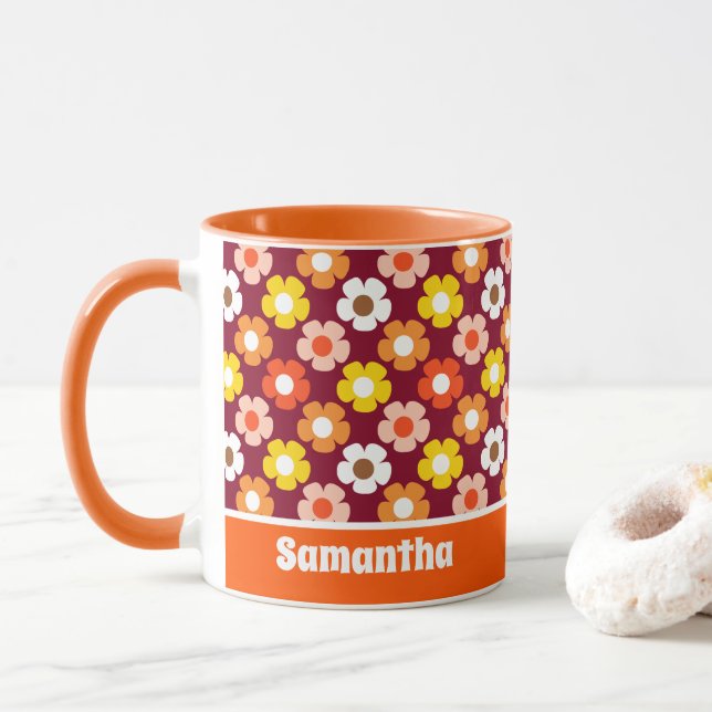 Taza Caída Retro Flores de Otoño Patrón Borgoña (Con donut)