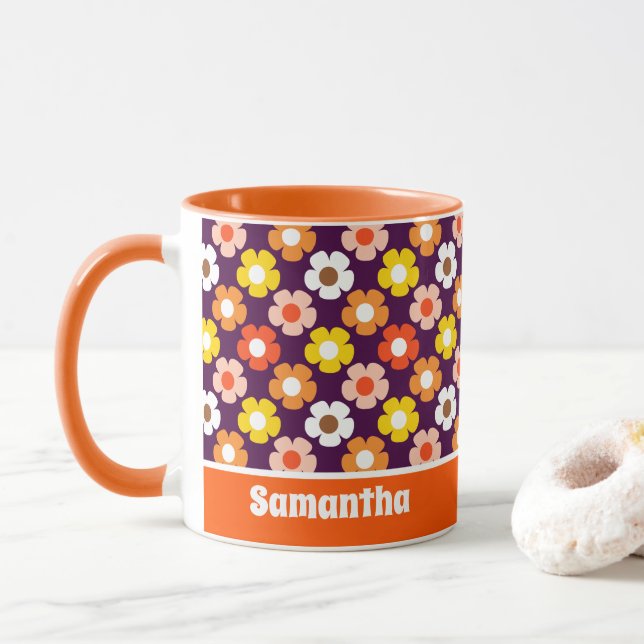 Taza Caída Retro Flores de Otoño Patrón Púrpura (Con donut)