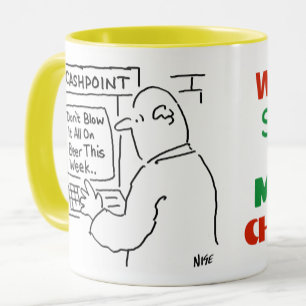 Taza Cajero automático da consejos. Empleado de banco