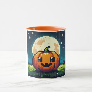 Taza Calabaza de Halloween de 8 bits bajo la luna