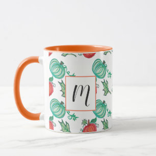 Taza Calabazas Acuarela Patrón Verde Naranja Jardinería