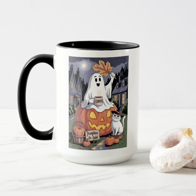 Taza Calabazas De Venta Y Cafeína Fantasma Con Gato V3 (Con donut)