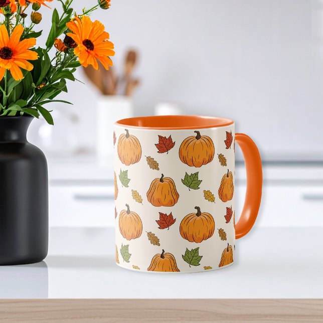 Taza Calabazas naranjas Y Patrón De Hojas De Otoño (Subido por el creador)