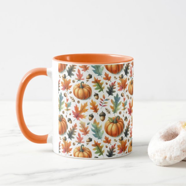 Taza Calabazas y hojas de otoño en blanco (Con donut)