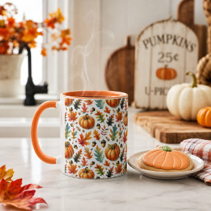 Taza Calabazas y Hojas Festivas de Otoño sobre Blanco