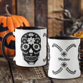 Taza Calavera de Azúcar Mexicana 2 Blanco y Negro con N