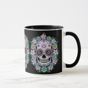 Taza Calavera de azúcar morado con flores