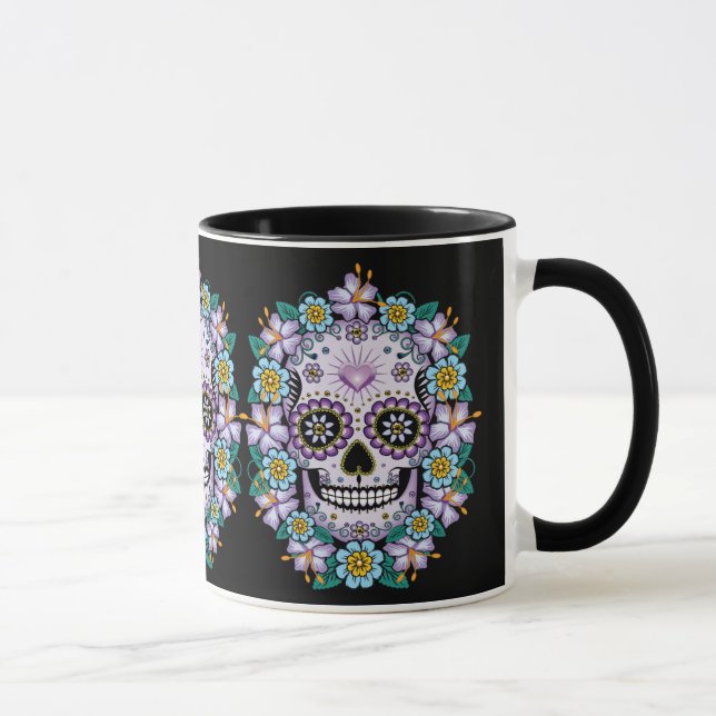Taza Calavera de azúcar morado con flores (Derecha)