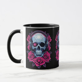 Taza Calavera de cibermuerte en neón y Rosas negros