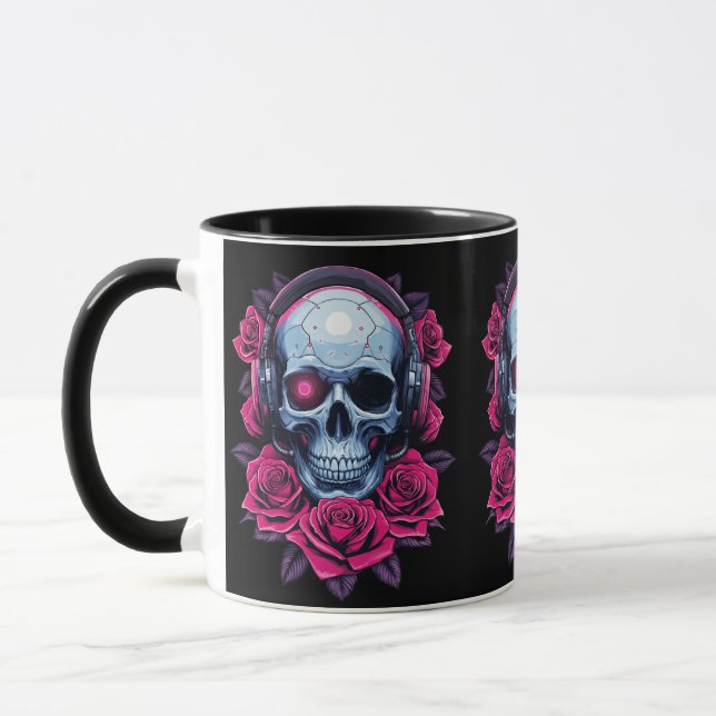 Taza Calavera de cibermuerte en neón y Rosas negros (Izquierda)
