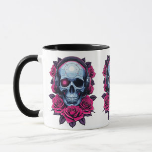 Taza Calavera de cibermuerte neonatal y Rosas blancos